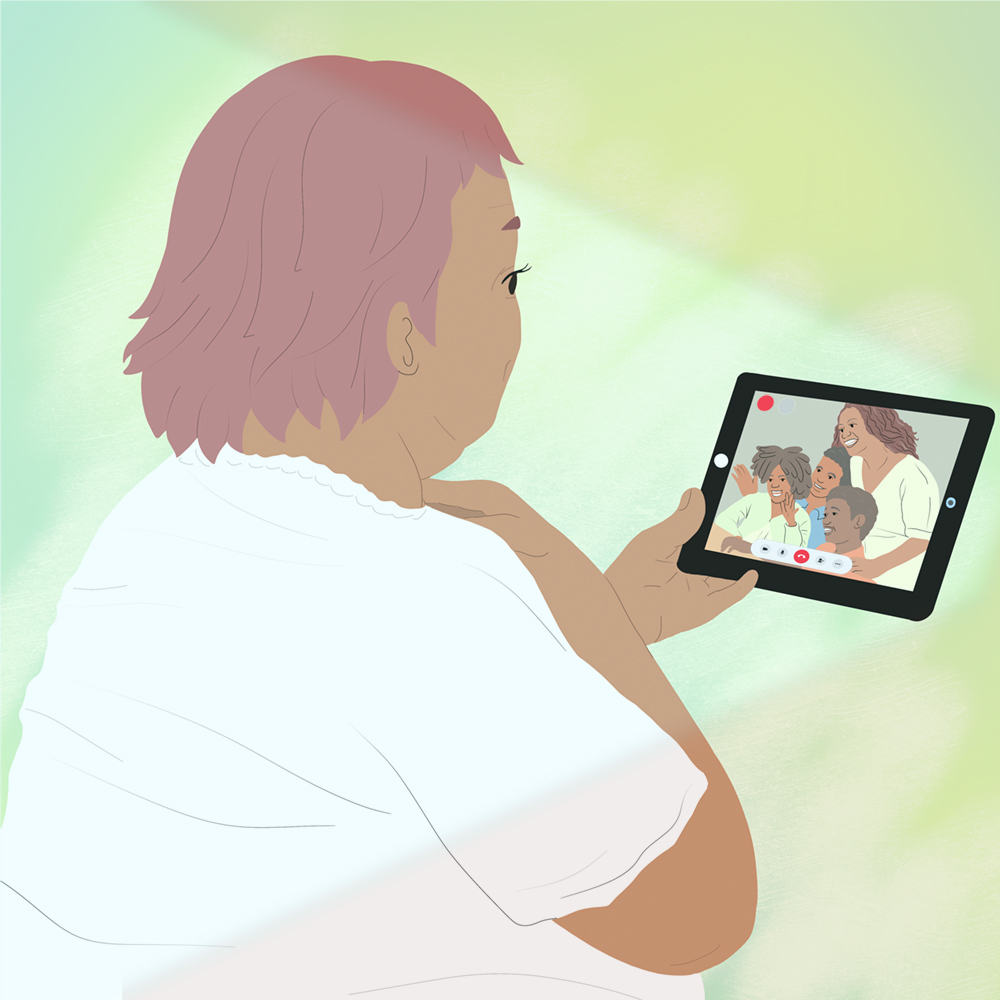 Ilustración de una señora, teniendo una videollamada, en la pantalla se ve su familia