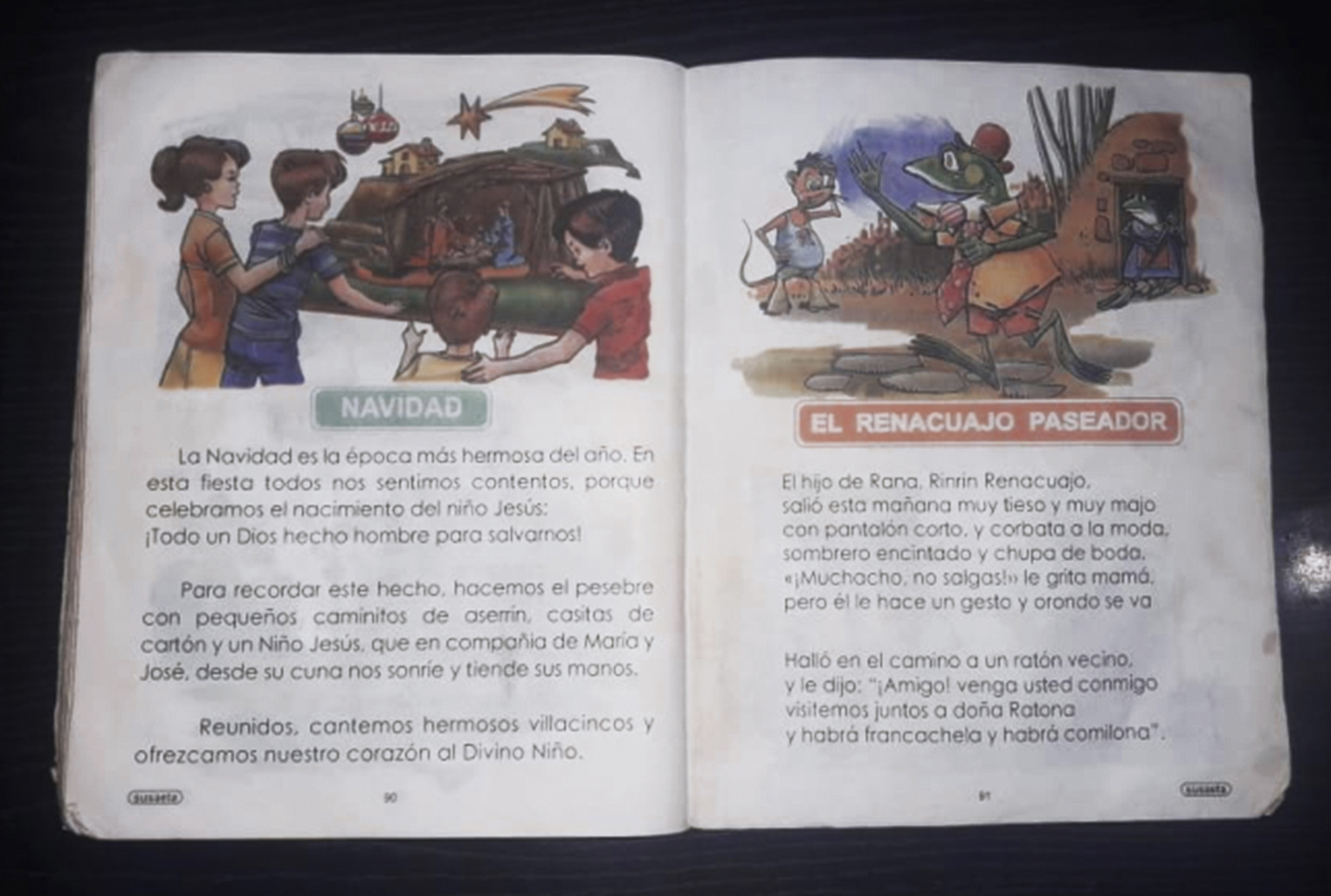 Cartilla de lectura con ilustración y texto sobre la navidad y el renacuajo paseador