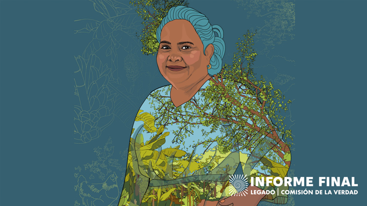   ilustración de mujer con vestido de paisaje, sonriendo de frente