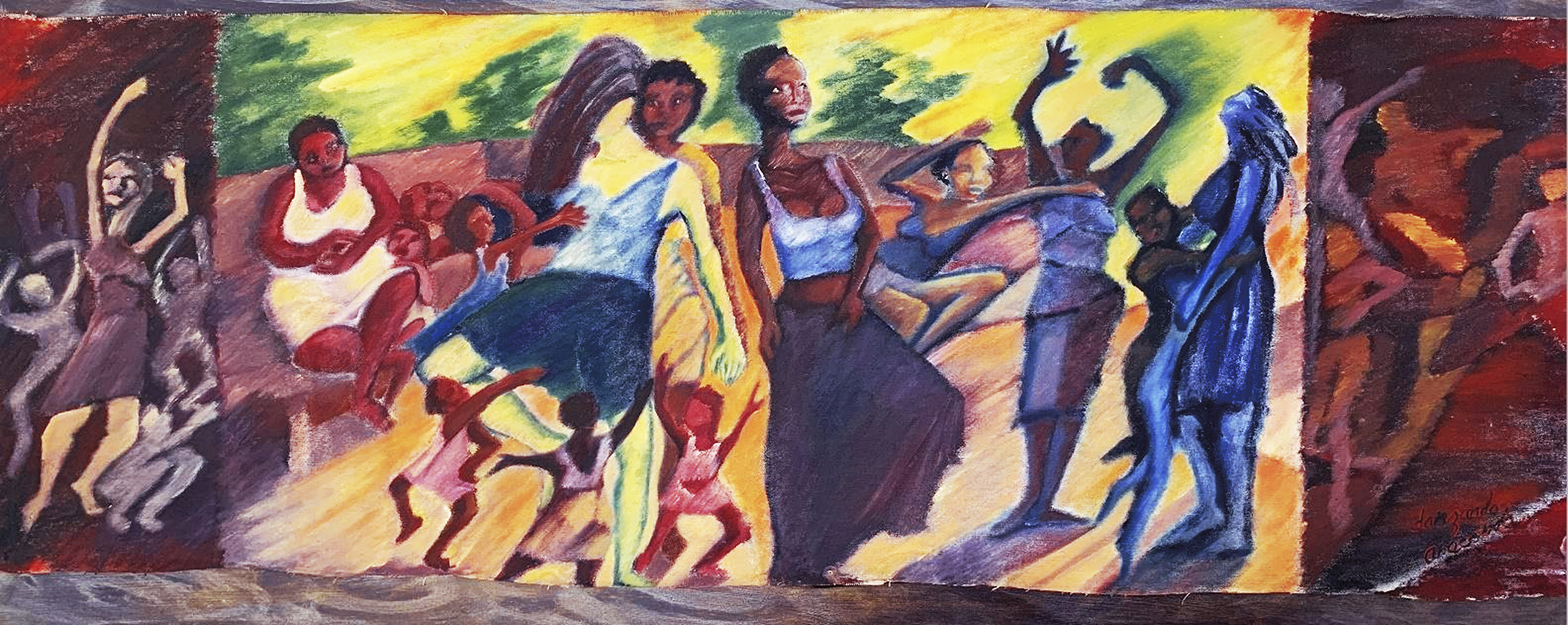 Pintura de mujeres, niño y niñas afro bailando