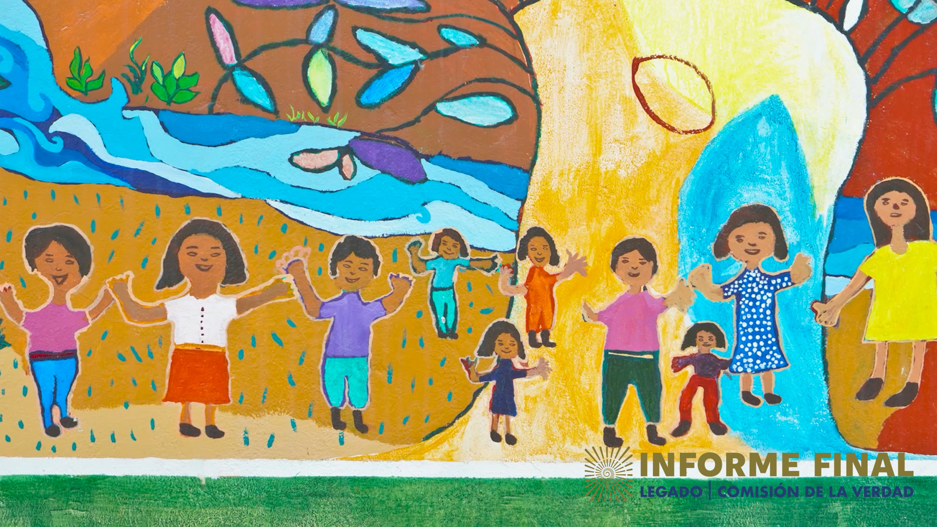 Mural de mujeres, niños y niñas con los brazos alzados