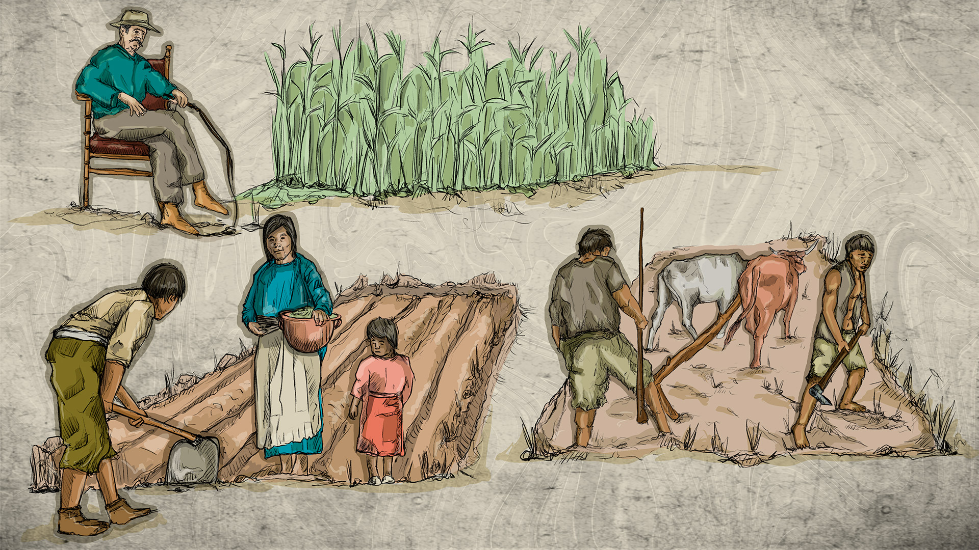 hombre esclavista sentado mientras los nativos indigenas trabajan la tierra