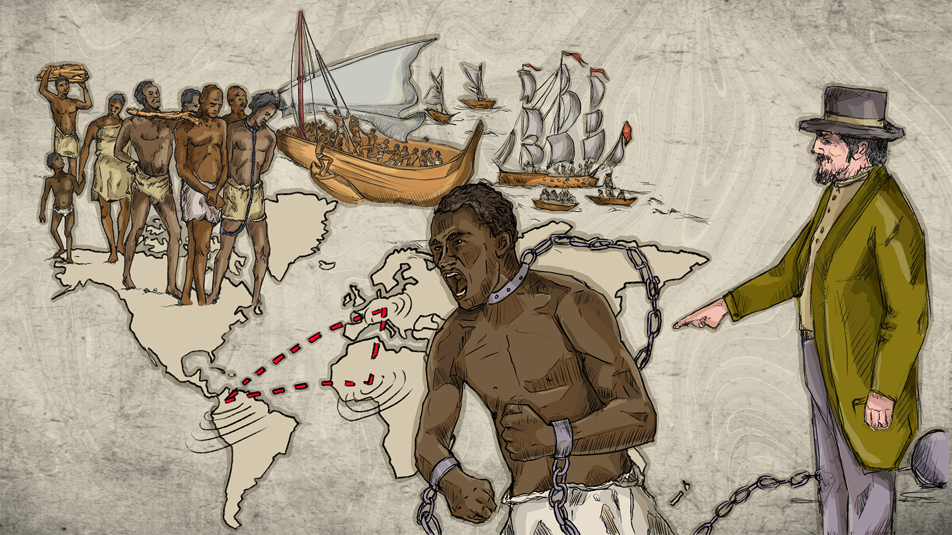 Africanos secuestrados y llevados a los barcos de los colonos