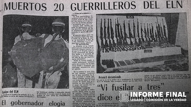 Fragmento antiguo de periódico con titular: “MUERTOS 20 GUERRILLEROS DEL ELN”