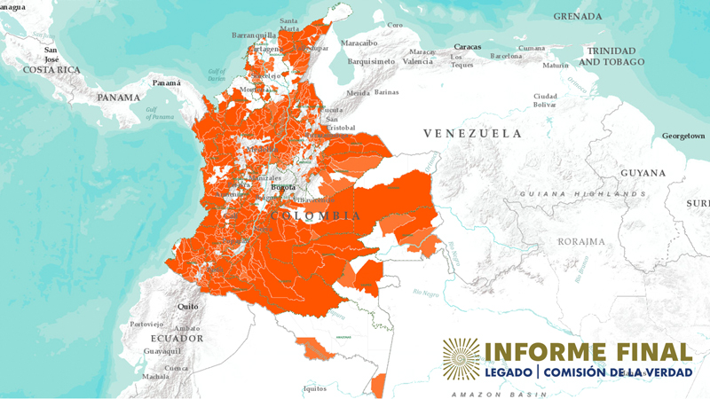 Mapa de Colombia con zonas bajo el dominio de las insurgencias resaltadas