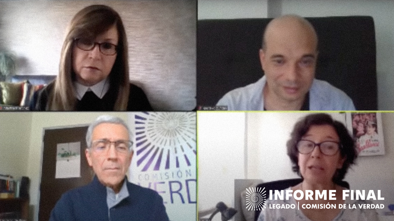 Captura de pantalla, conversación virtual entre Martha Martinez, Francisco de Roux, Gustavo Duncan y María Teresa Ronderos