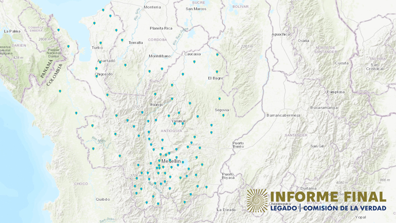 Fragmento del mapa de Colombia con marcadores en zonas de víctimas por militancia política