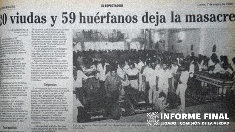 Fragmento antiguo de periódico con titular: “20 viudas y 59 huérfanos deja la masacre”