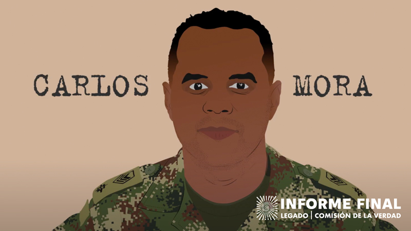 Retrato de militar ilustrado y su nombre “Carlos Mora”