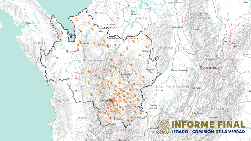 Fragmento del mapa de Colombia con marcadores en zonas donde se presentaron casos de ejecuciones extrajudiciales