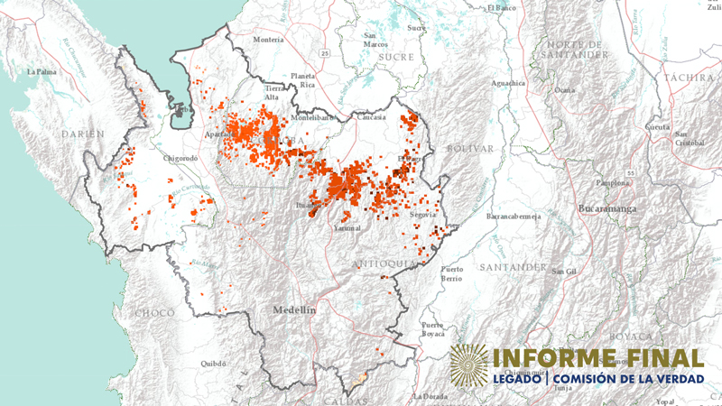 Fragmento del mapa de Colombia con marcadores en zonas con hectáreas cultivadas de coca