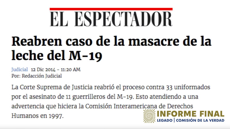 Recorte de periódico El Espectador sobre la masacre de la leche del M 19.