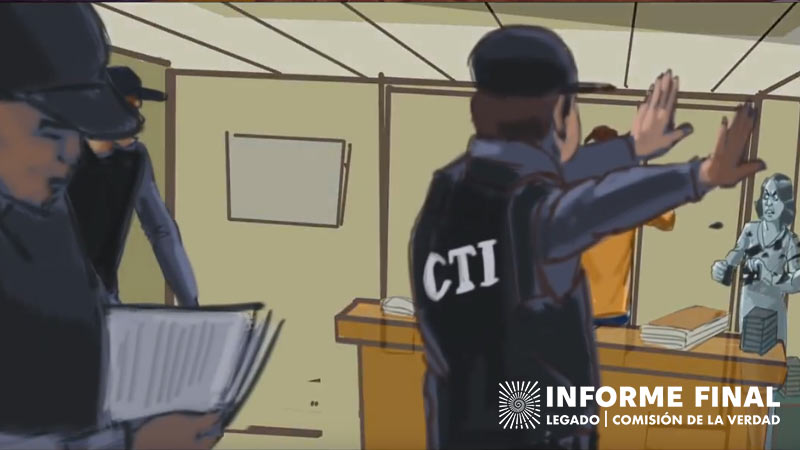 Ilustración. Un hombre con uniforme de CTI hace señal de alto con la mano. Mujeres al fondo destruyen evidencias.