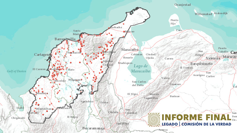 Fragmento de mapa colombiano con marcadores en zonas donde hubo masacres Paramilitares entre 1985 - 2006