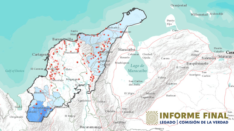 Fragmento de mapa colombiano con marcadores en zonas donde hubo masacres paramilitares y desplazamiento forzado 2000-2010