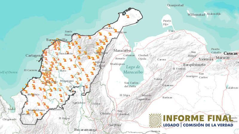 Fragmento de mapa colombiano con marcadores en zonas con víctimas de muertes ilegítimamente presentadas cómo baja en combate