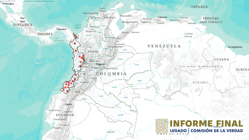 Mapa de Colombia con marcadores en zonas de incursiones FARC