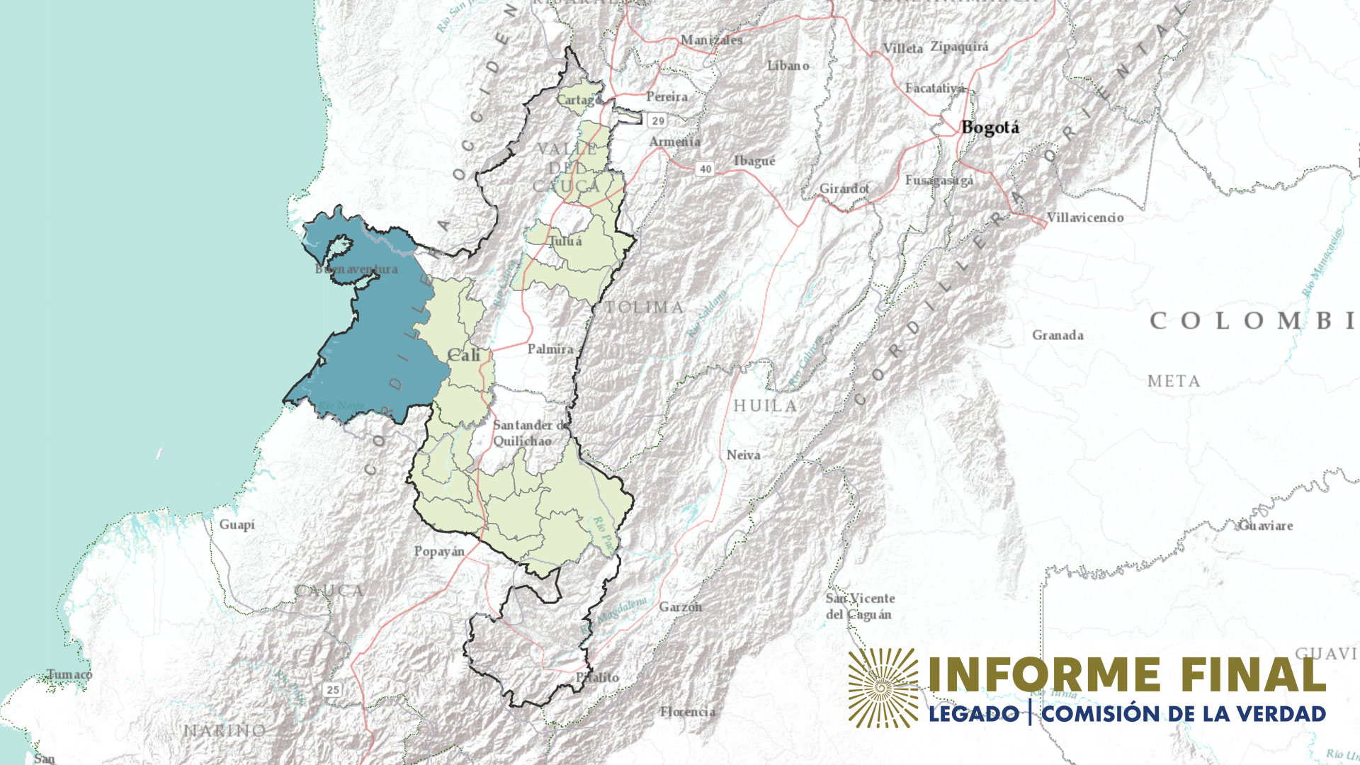 Fragmento de mapa colombiano con municipios resaltados donde se han presentado desplazamientos