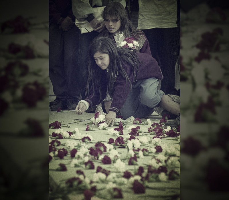 La fuerza de la paz, niñas con flores en el piso