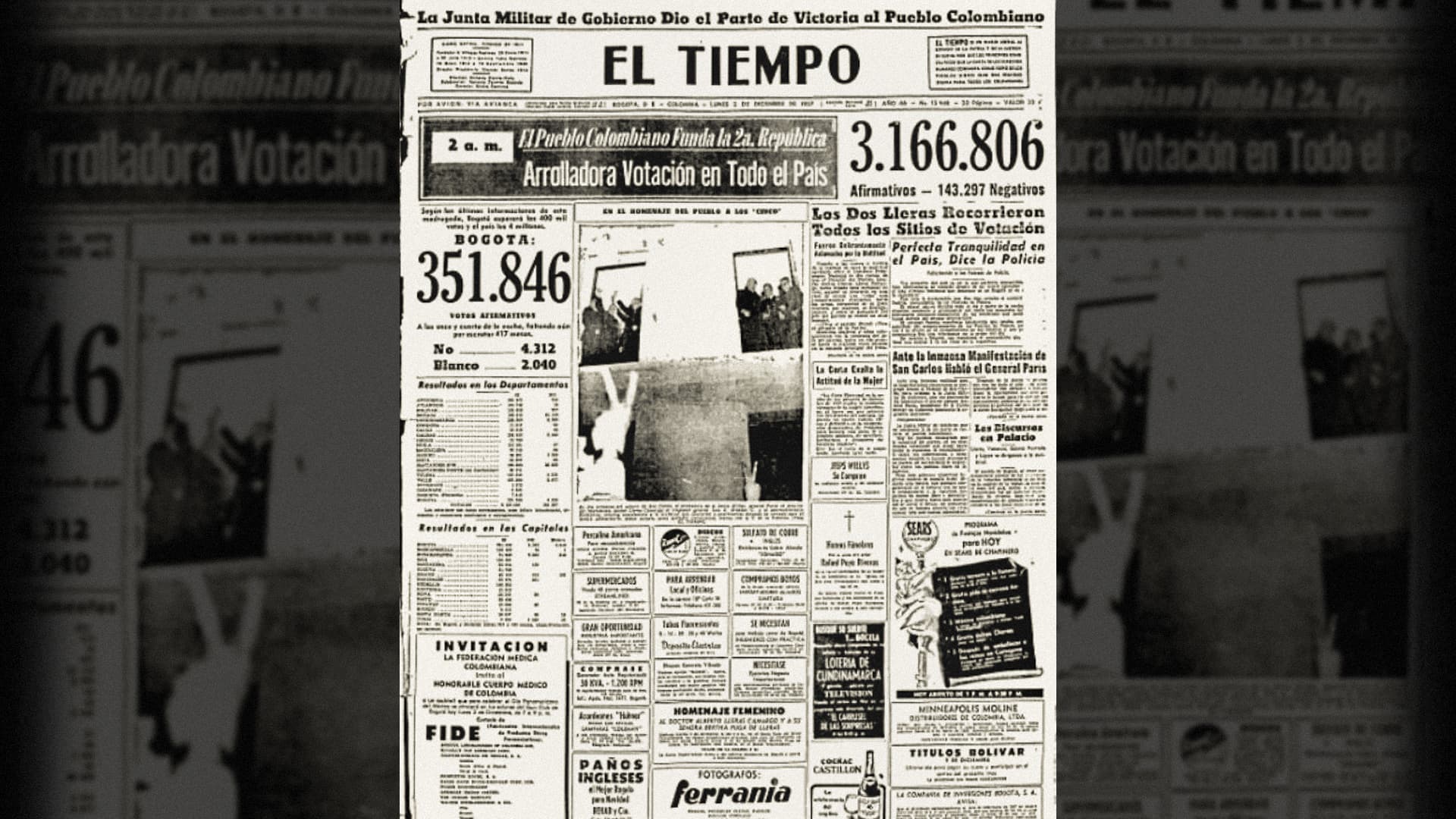 El Pueblo colombiano funda la segunda república. 2 de diciembre de 1957, Página 1-A, Archivo El Tiempo. 