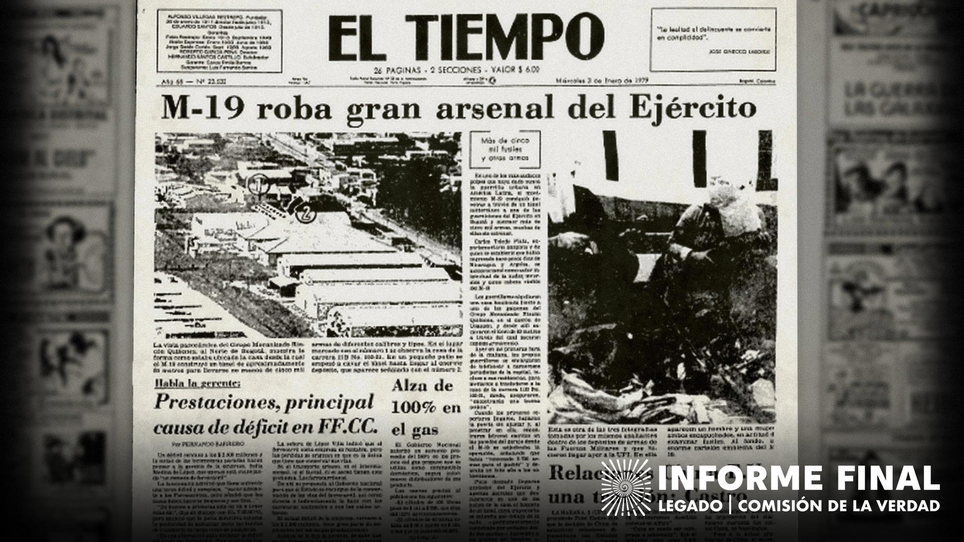 «M19 roba gran arsenal del ejército», miércoles 3 de enero de 1979. Pagina 1-A. Archivo El Tiempo