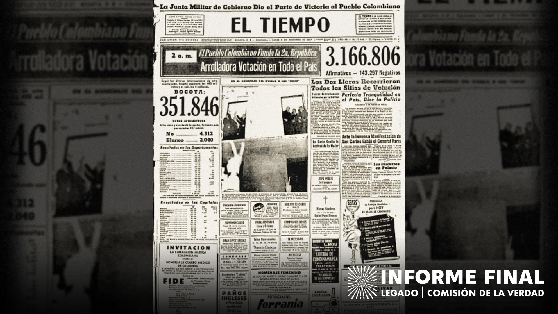 El Pueblo colombiano funda la segunda república. 2 de diciembre de 1957, Página 1-A, Archivo El Tiempo. 