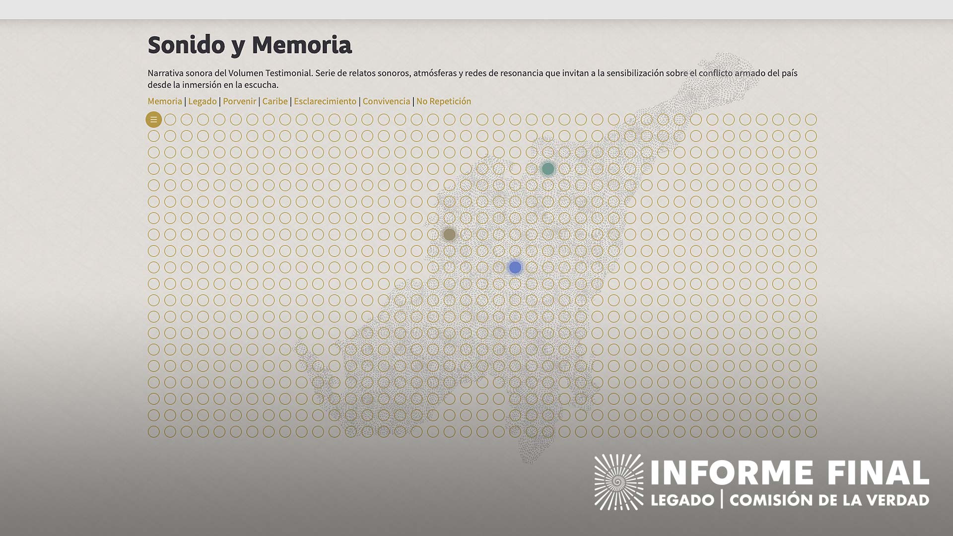 Pantalla del componente de Sonido y memoria, trama de círculos, con figura del norte de Colombia de fondo