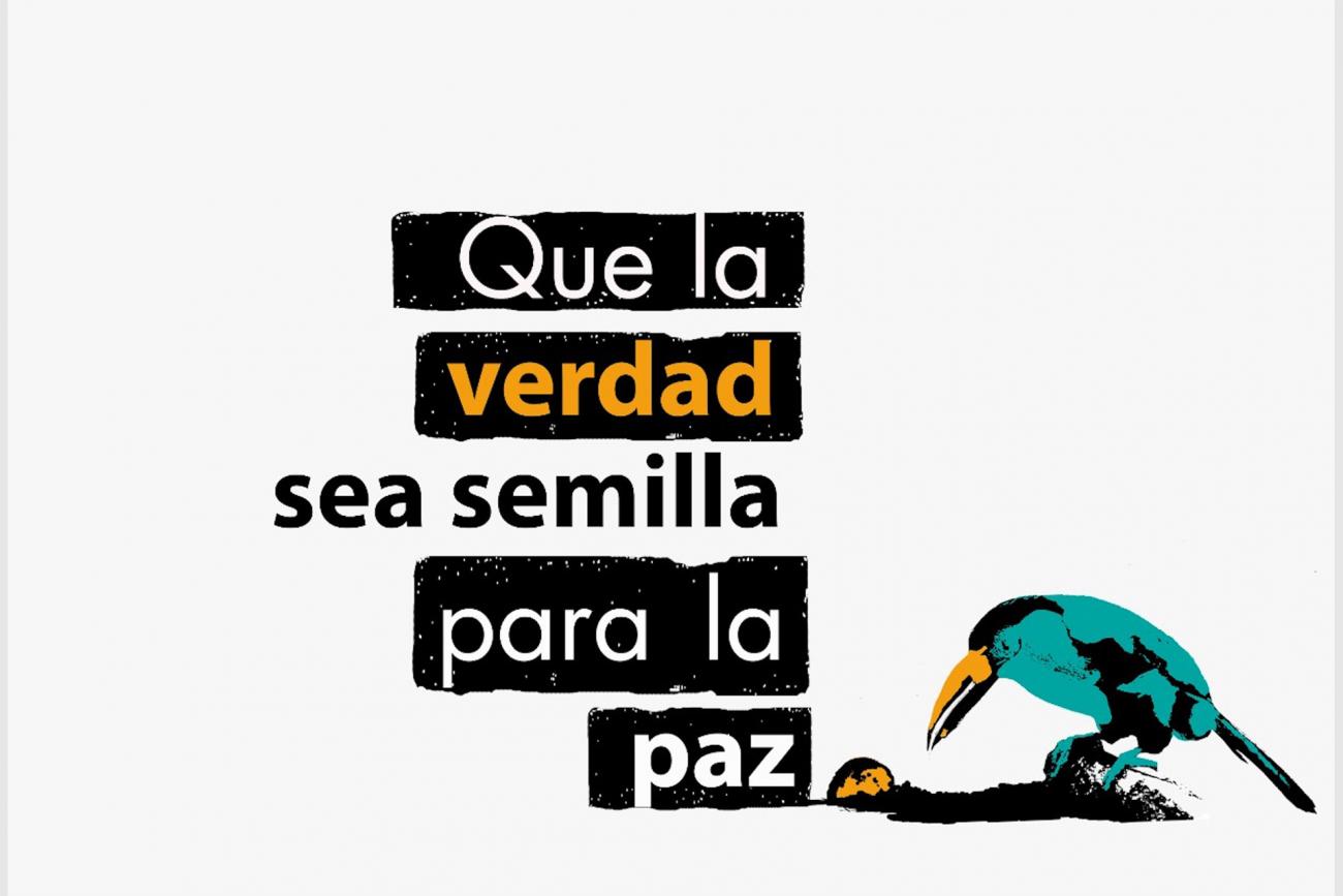 afiche ilustrado con un pájaro. Texto: “Que la verdad sea semilla para la paz”