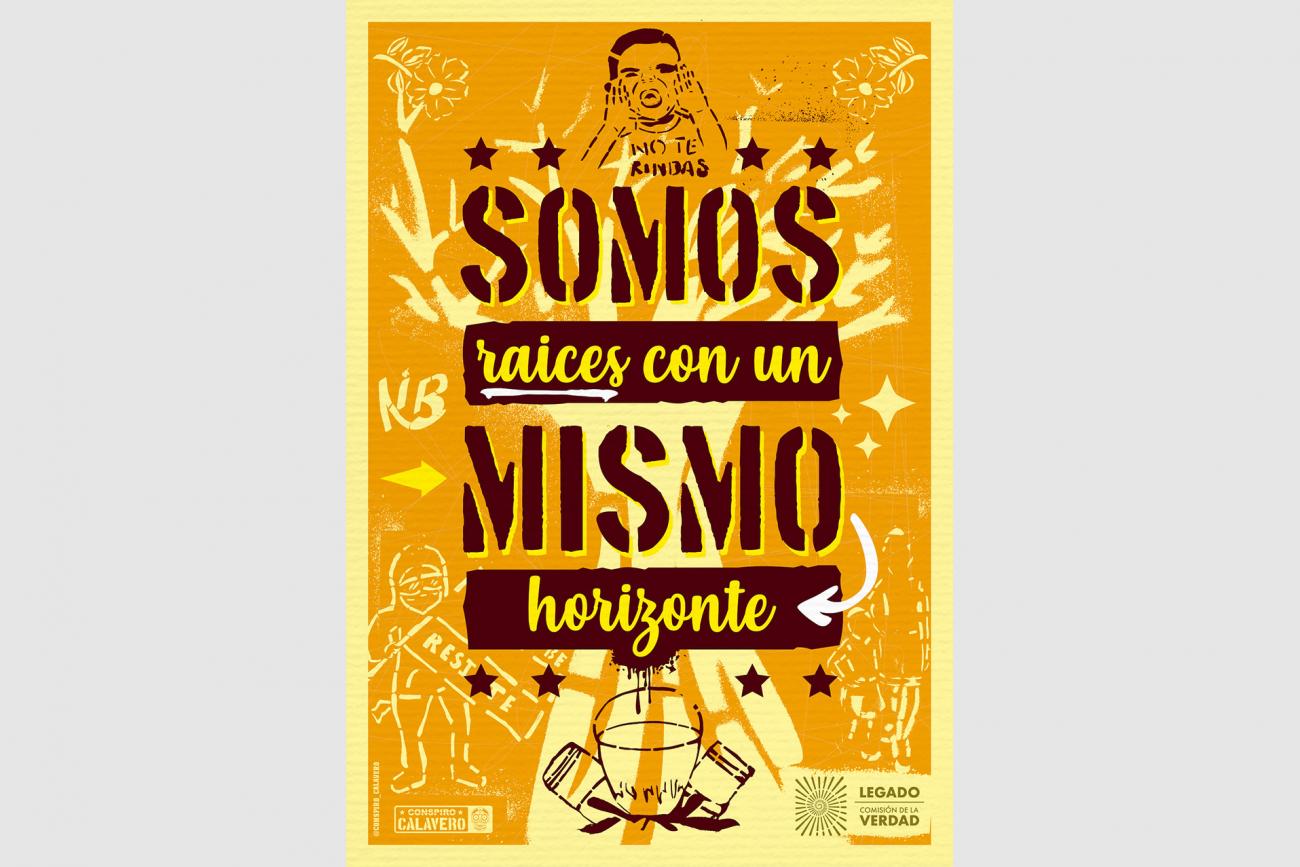 afiche ilustrado con un niño que grita. Textos: “No te rindas”, “Somos raíces con un mismo horizonte”